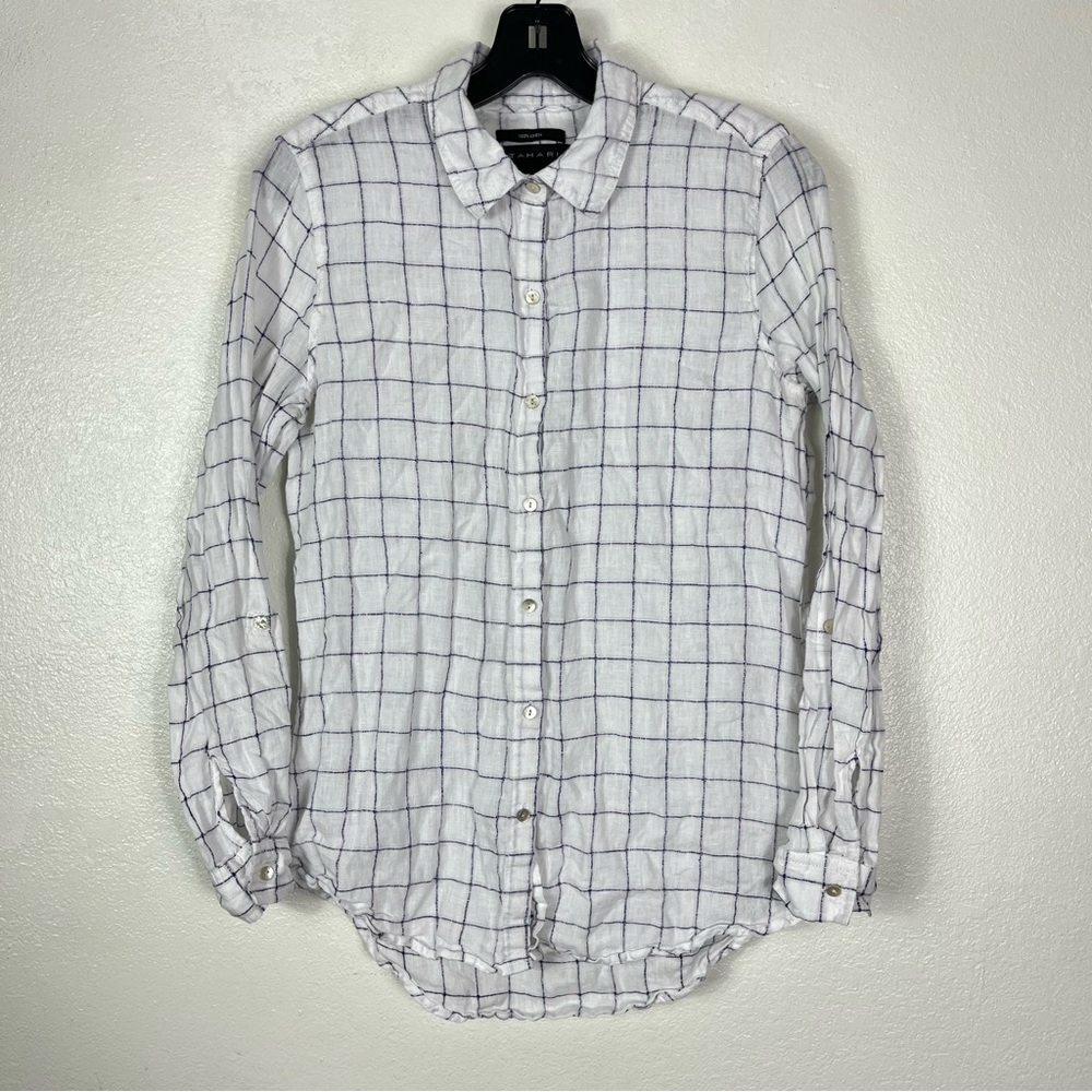 Tahari White blue window panel 100% Linen Button up shirt Small